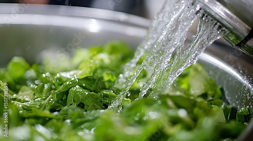 Fresh green lettuce salad is being washed with running water indoors for safety