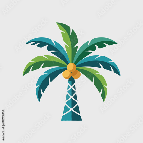 Stylized flat design palm tree in a tropical mood with coconuts on a light grey textured background with spaces for text