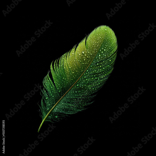 Green feather with droplets on black