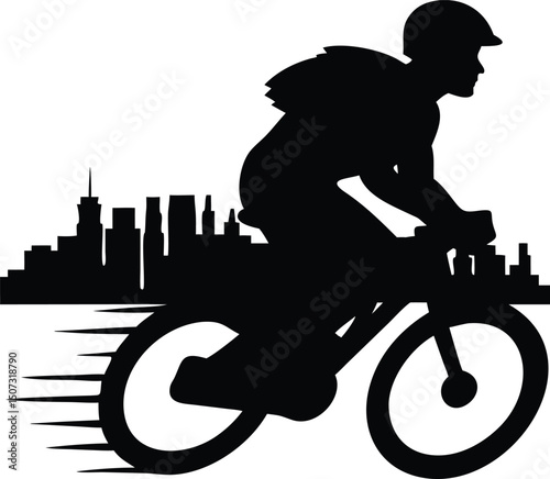 City Cyclist: Minimalist Silhouette of a Biker Against a Skyline, Conveying Speed and Urban Fitness.                                                  
