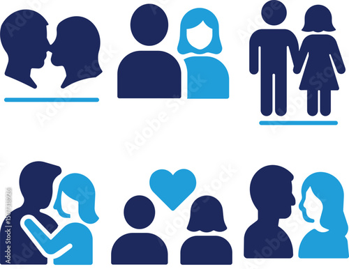 Romantic couple icon set. Love, togetherness, affection, relationship symbols for designers and illustrators. Solid icon set collection.