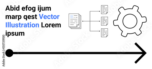 Black arrow connecting key elements including documents, flowchart nodes, and gear icon. Ideal for workflow design, process mapping, task management, automation, organization, business strategy