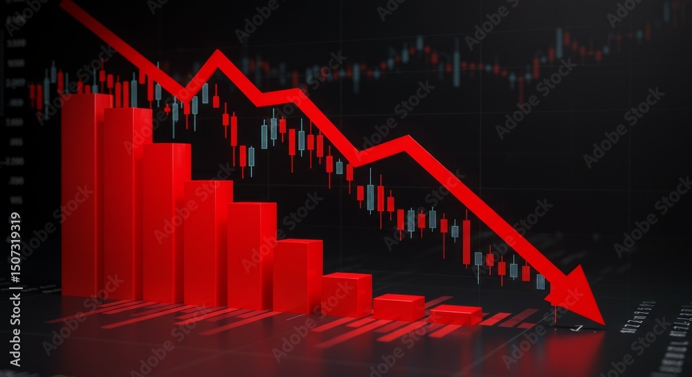 Fototapeta premium Red bar chart showing a sharp decline, with red arrow pointing downward