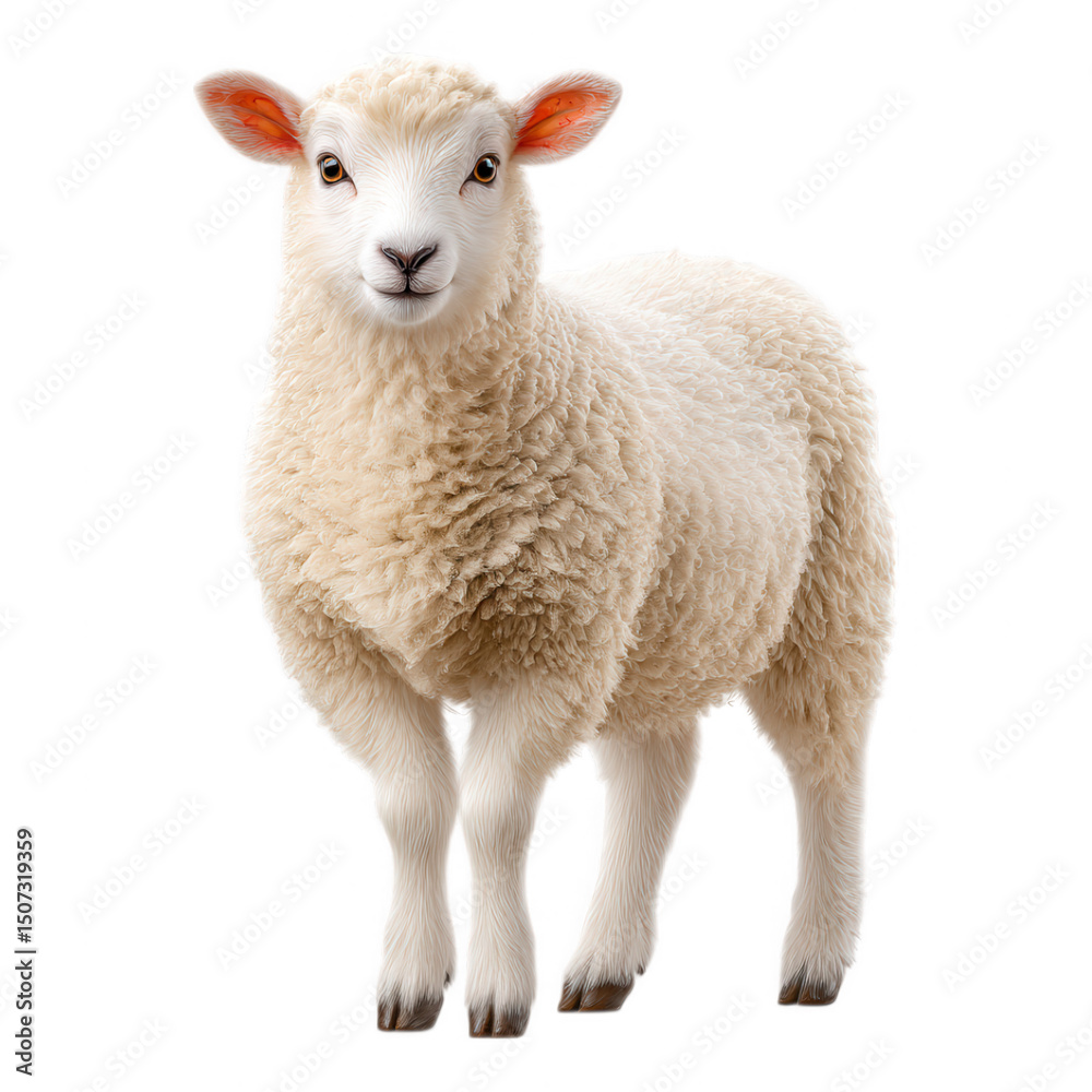 Fototapeta premium Young Sheep with Fluffy White Wool Standing on Green Grass in Clear Natural Environment