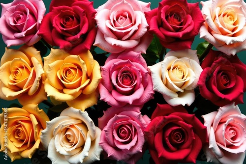 Bold blooming roses arranged in a square grid , red, pink, blossom