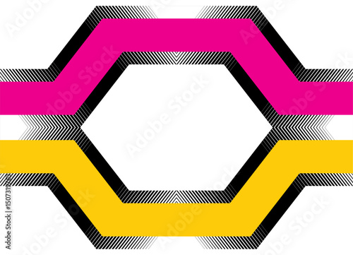 Modern technological pattern of black yellow and pink geometric shapes on white. Abstract striped vector background with space for text. Frame. lines