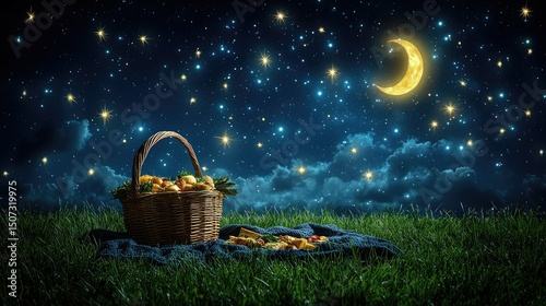 A moonlit picnic basket sits under a starry night sky