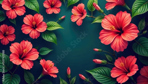 Bold vibrant hibiscus blooms in a lush tropical pattern , graphics, vibrant