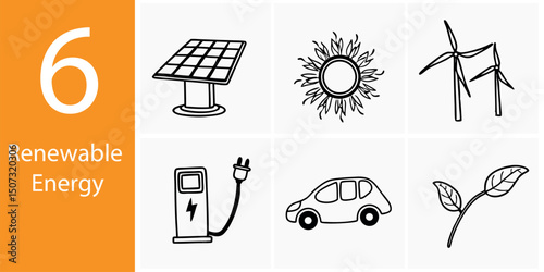 World Environment Day Renewable Energy Icons – 6 Steps to a Cleaner Planet Vector Illustration Set