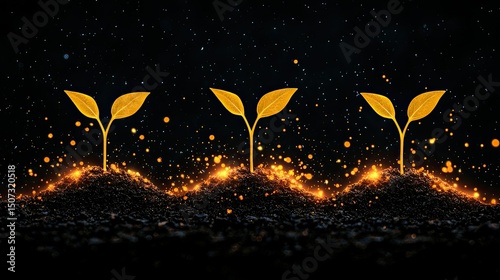 Golden plant sprouts emerge from soil against a star filled backdrop