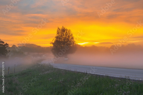 A glowing golden sunrise lights up a foggy rural road with trees silhouetted against the mist and a vivid yellow-orange sky.