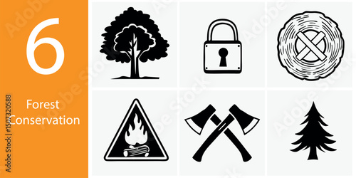 World Environment Day Forest Conservation Icon Set – 6 Vector Illustrations