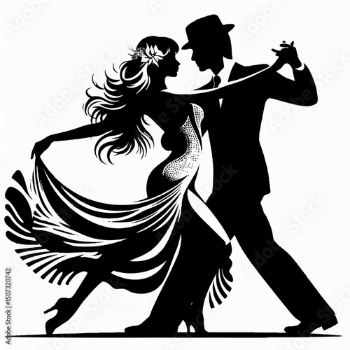 A black and white silhouette of a man and a woman dancing on a white isolated background. Vector graphics. EPS.	