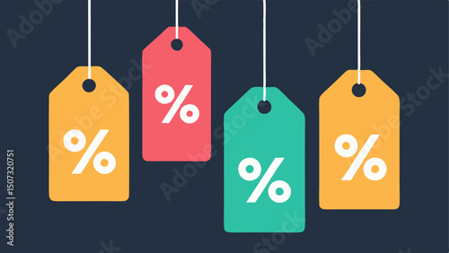 Discount Tags A closeup of several stylish discount tags hanging from merchandise each adorned with bold colorful designs indicating significant markdowns.