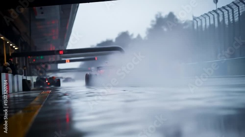 A Formula One race car rapidly exits the pit lane, leaving trails of smoke and water spray behind, capturing the sheer power and velocity of competitive motorsport.