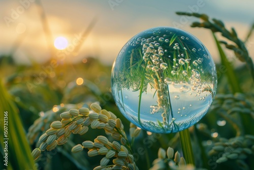 A delicate bubble reflects lush rice paddies, symbolizing purity, hydration, and natural skincare. This conceptual image evokes the essence of rice serum in harmony with nature and sustainability.