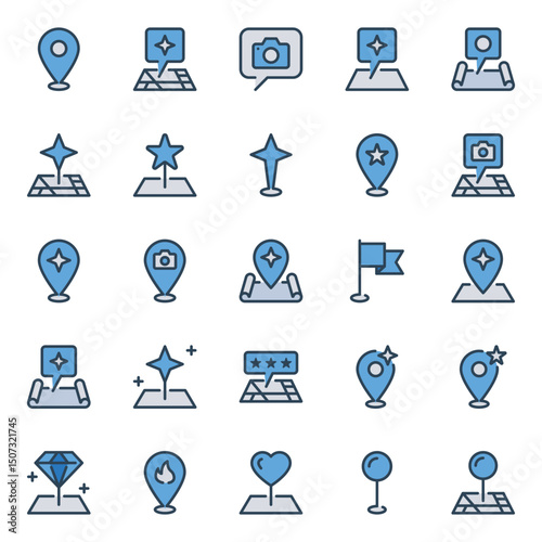 Filled blue outline icons set for Point location
