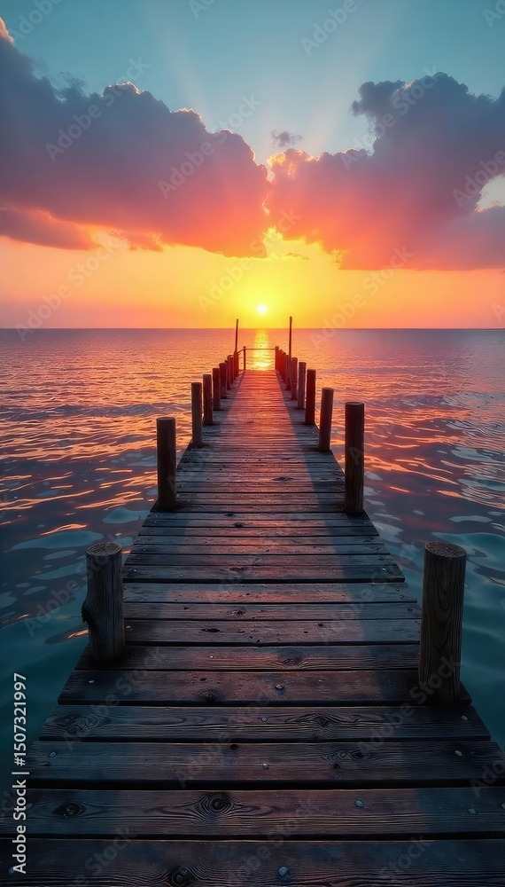 Fototapeta premium A rustic wooden pier stretches out over calm, blue water, bathed in the warm glow of sunset Ideal for travel, vacation, or coastal themed projects Serene and tranquil scene , sea, landscape, peaceful