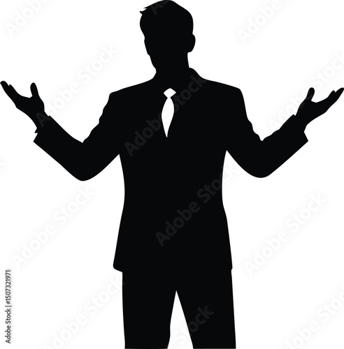 Silhouette of a Businessman with Arms Outstretched in Questioning Gesture - Stock Illustration                                                        