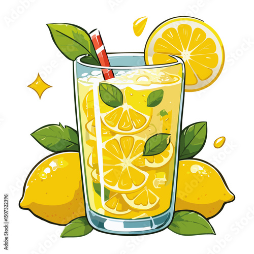 Lemonade in a glass with lemon slices vector color illustration. Image of refreshing yellow citrus drink on isolated background for bar and menu.