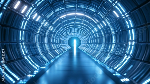 Futuristic blue cyber tunnel background with glowing lights. High-tech digital sci-fi corridor for technology data network concepts.
