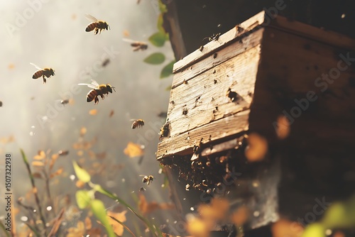 Honeybees fly around a weathered wooden hive in a sunlit natural autumn environment