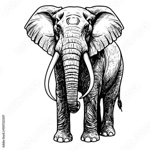 elephant intricate engraving vintage vector line art illustration, isolated on transparent background