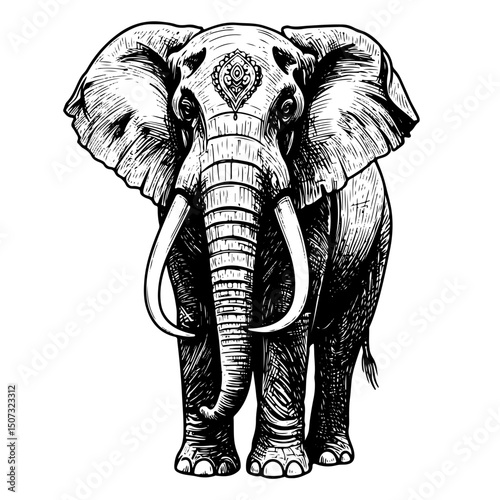 elephant intricate engraving vintage vector line art illustration, isolated on transparent background