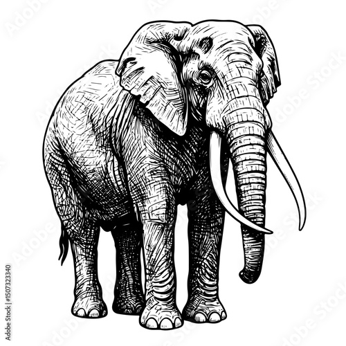 elephant intricate engraving vintage vector line art illustration, isolated on transparent background