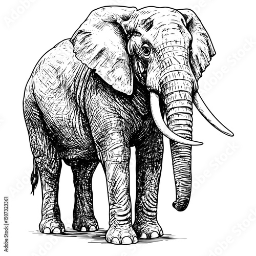 elephant intricate engraving vintage vector line art illustration, isolated on transparent background