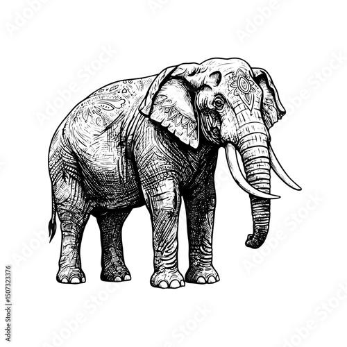 elephant intricate engraving vintage vector line art illustration, isolated on transparent background