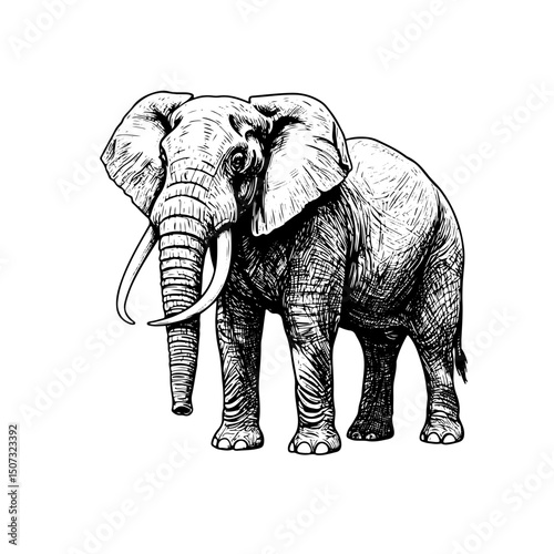 elephant intricate engraving vintage vector line art illustration, isolated on transparent background