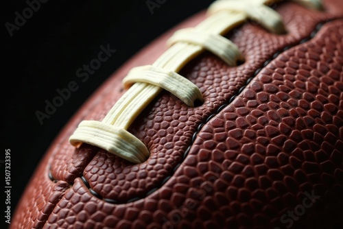 Close-up of worn leather football, laces visible, white, equipment, competition
