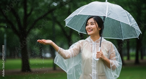 Smiling woman enjoys a light rain shower