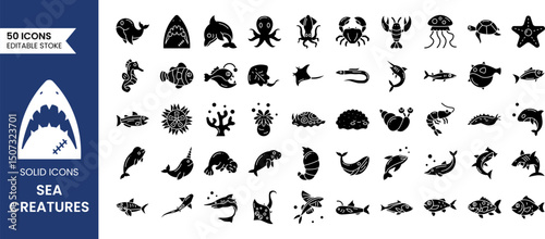 Sea Animal icon set. Vector solid icons collection. Vector illustration