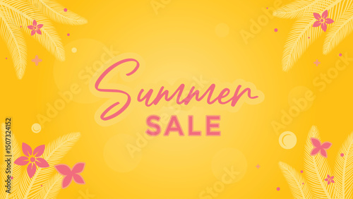 Bright yellow abstract summer background with palm leves shapes.