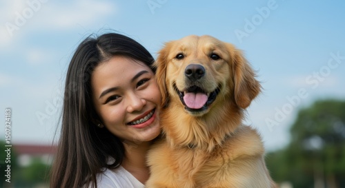 Smiling woman hugging happy golden retriever with green background and blue sky