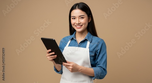 Smiling woman in apron holding digital tablet