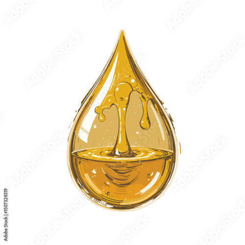 Stylized honey drop with a splash effect, highlighting its rich golden color