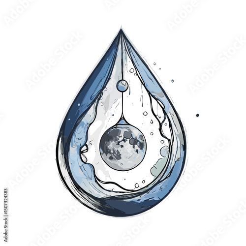 Artistic teardrop illustration featuring a moon and a drop, surrounded by swirling water
