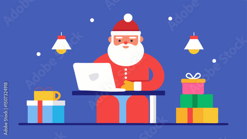 Digital Deals Santa sitting at a desk with a laptop open finding online deals while sipping hot cocoa with presents tered around him.