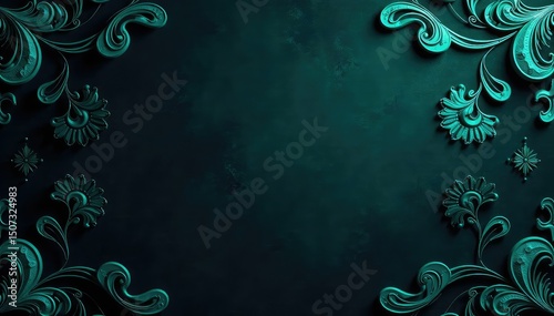 Deep teal paisley pattern on dark grey, high contrast, retro, geometric, contemporary