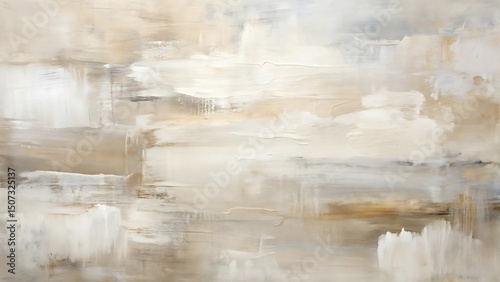 Abstract painting displaying neutral tones of beige brown and white with textured brushstrokes photo