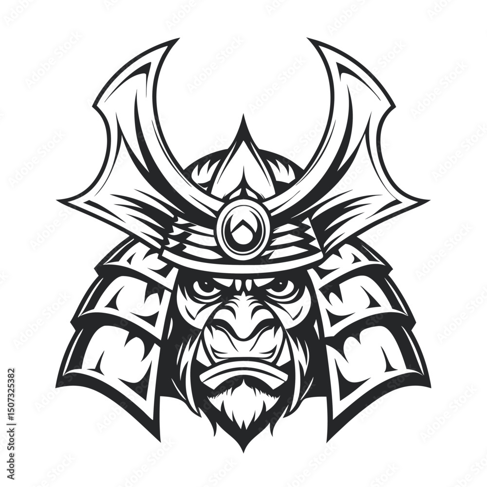 Fototapeta premium Monochrome Gorilla Samurai Warrior Head, Vector Illustration, Isolated on White Background. 