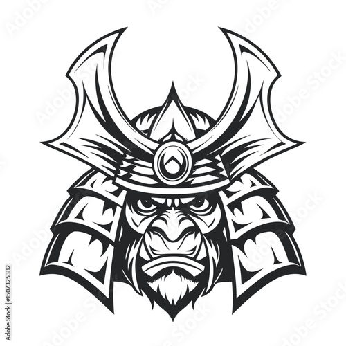Monochrome Gorilla Samurai Warrior Head, Vector Illustration, Isolated on White Background.                                                           
