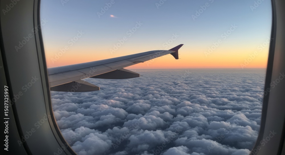 Obraz premium Sunset view from airplane window, above a fluffy cloud layer