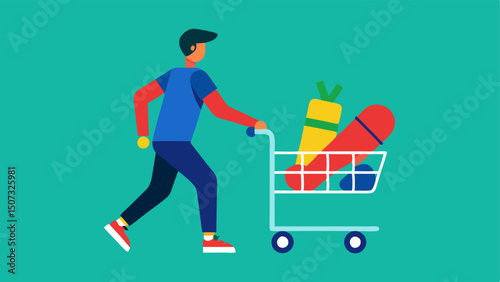 Customer with a Cart A shopper pushing a cart filled with assorted gear like a skateboard yoga mat and sports shoes.