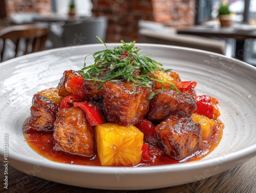Enjoy a plate of sweet and sour pork with vibrant bell peppers and pineapple in a lively urban cafe setting