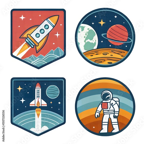 Retro Space Patches Rocket Launch Astronaut Planets and Cosmic Scenes
