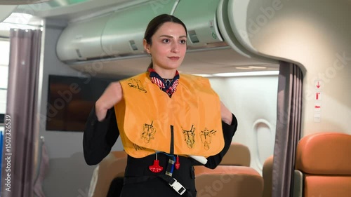 Air Hostess Showing Oxygen Mask and Life Vest in Safety Demonstration Before Airplane Takeoff as Part of Cabin Crew In-Flight Instructions
